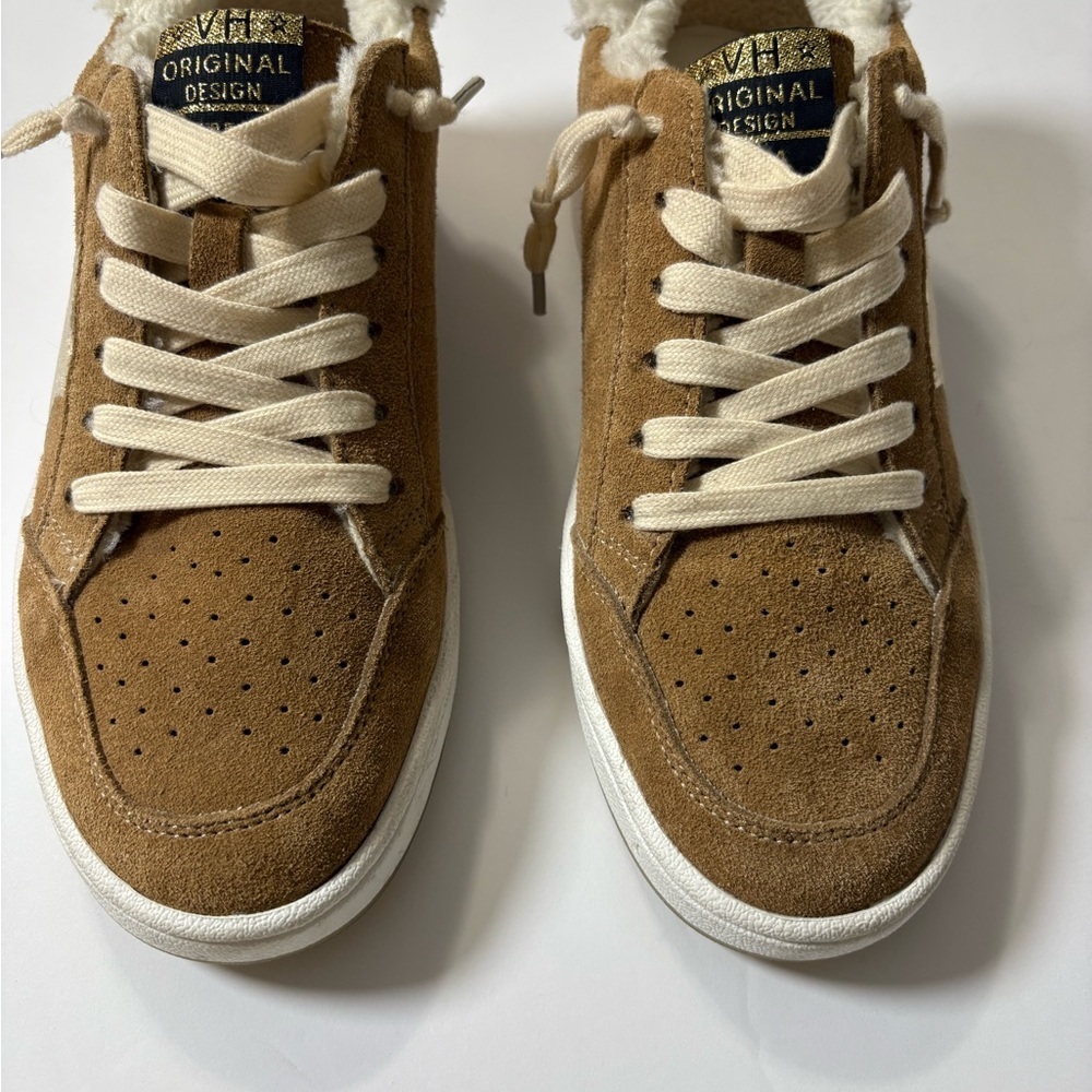 Vintage Havana Belen Chestnut Suede Sneakers w Faux Fur Trim and Gold Accents. 8